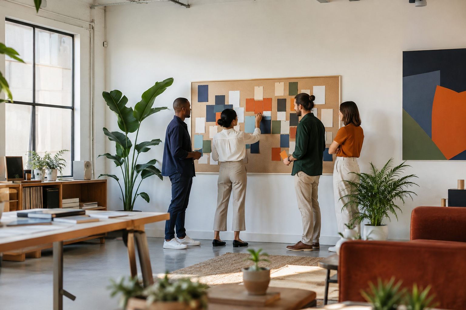 Colleagues collaborating in a bright community studio