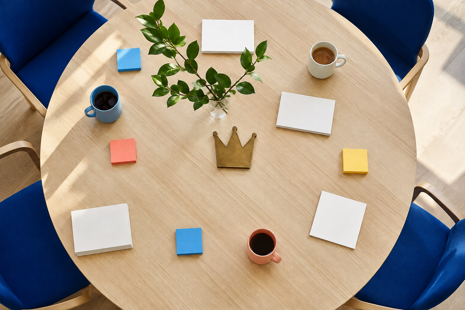 Blank notes and colorful planning materials on a round meeting table